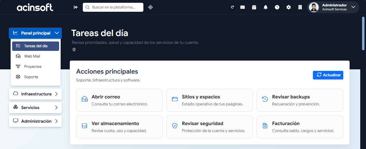 Captura real del panel de Acinsoft: Tareas del día y accesos a correo, sitios, respaldos, almacenamiento, seguridad y facturación.