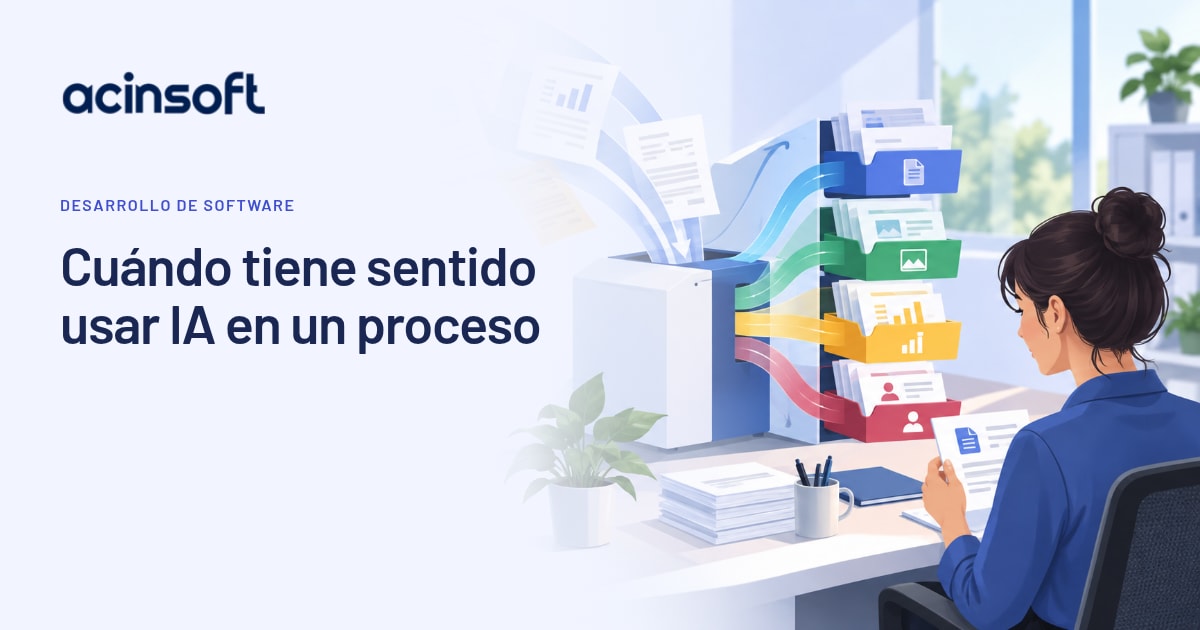 Ilustración de revisión humana y clasificación de documentos en un proceso con IA.
