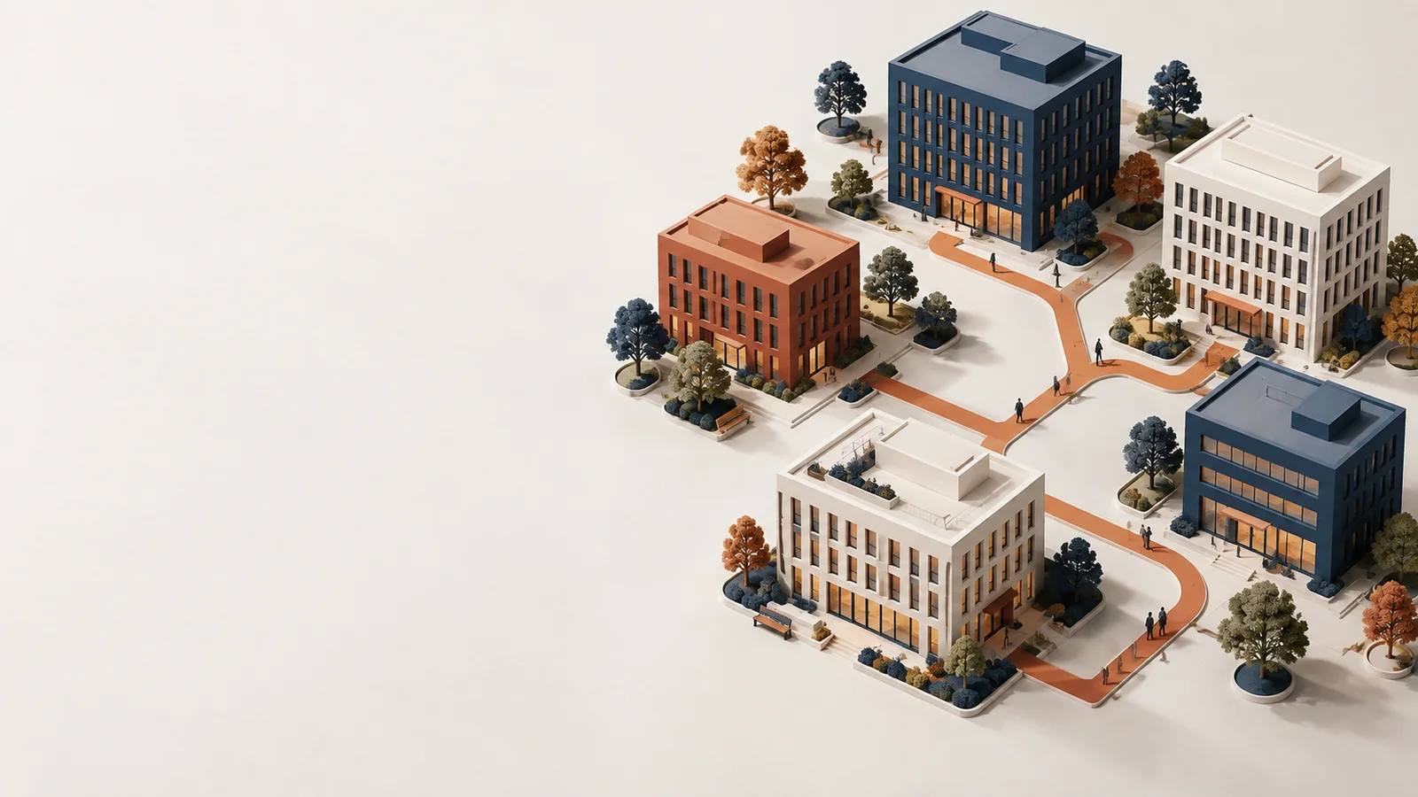 Maqueta conceptual de edificios conectados; no representa las instalaciones de Notre Dame.