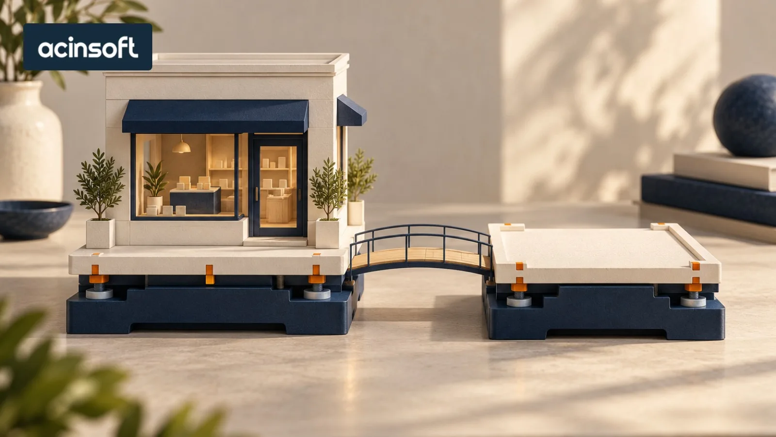 Ilustración conceptual de una tienda sobre una base modular y una base de reemplazo preparada a su lado. Con logo de Acinsoft.