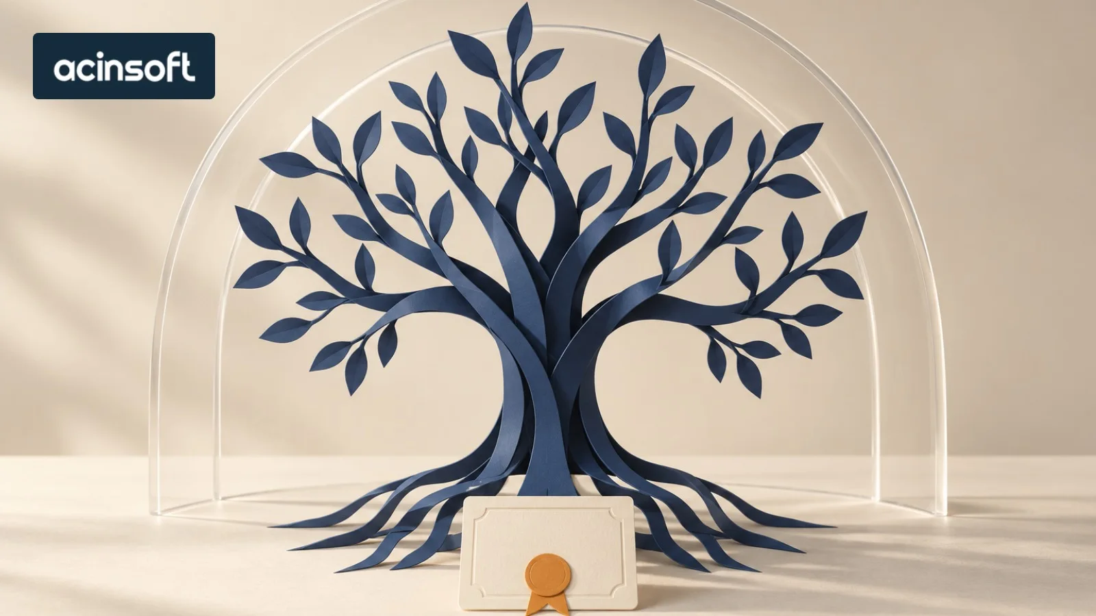 Ilustración conceptual de un árbol geométrico conectado a una tarjeta de certificado bajo arcos transparentes. Con logo de Acinsoft.