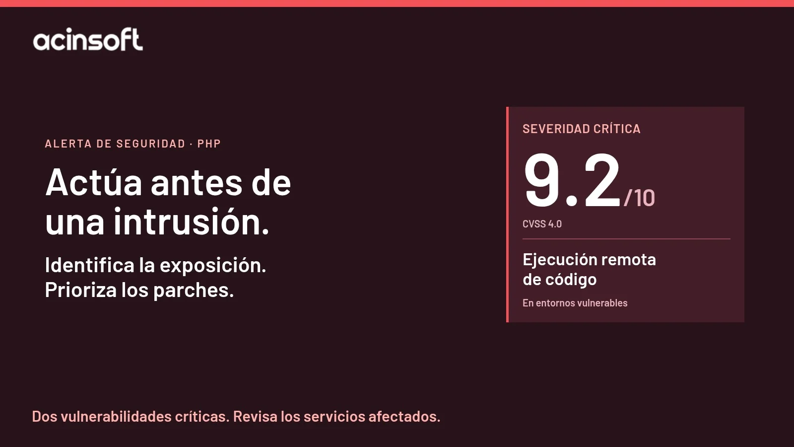 Alerta crítica PHP2Shell: severidad CVSS 9.2 sobre 10, riesgo de ejecución remota de código y atención urgente a los entornos afectados.